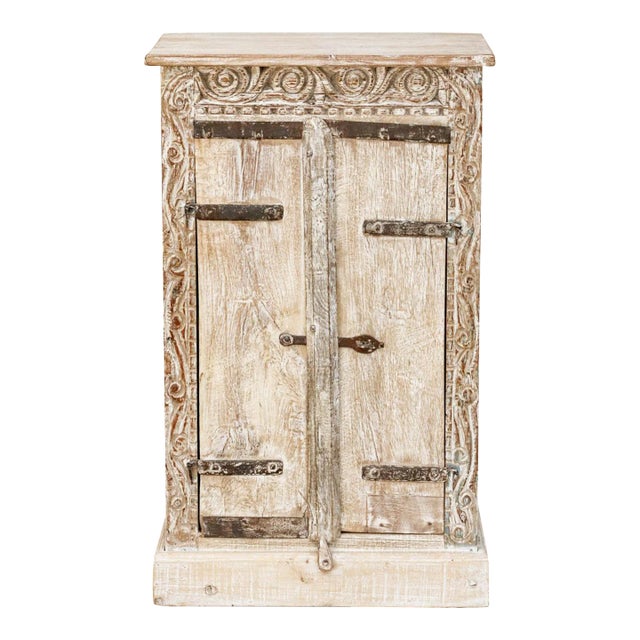 Primitive Teak & Metal Carved Cabinet For Sale