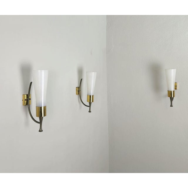 Metal Wall Lamps in Brass and Glass, 1950s, Set of 3 For Sale - Image 7 of 14