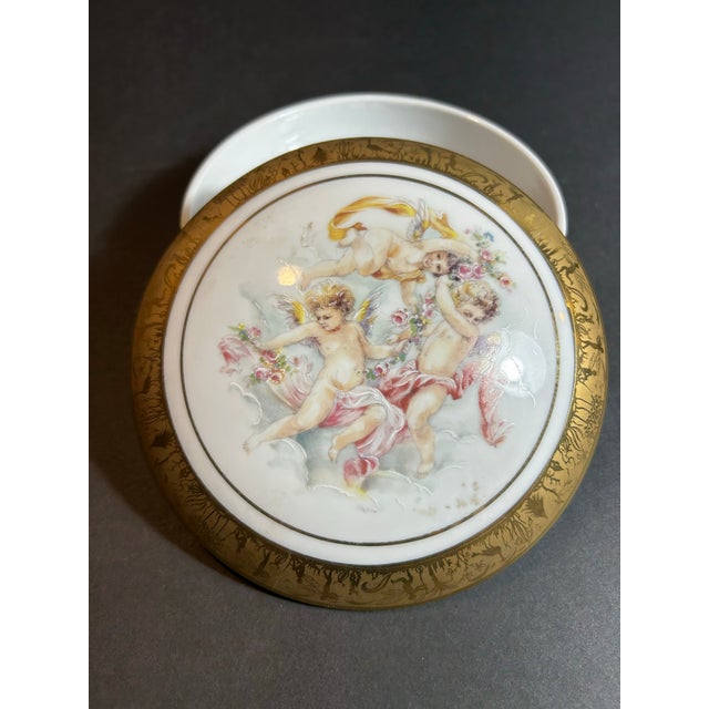 Vintage Limoges Porcelain Hand Painted Dresser Box and Tray ~ Cherubs Ornate Gold & Bronze Edges For Sale - Image 10 of 12