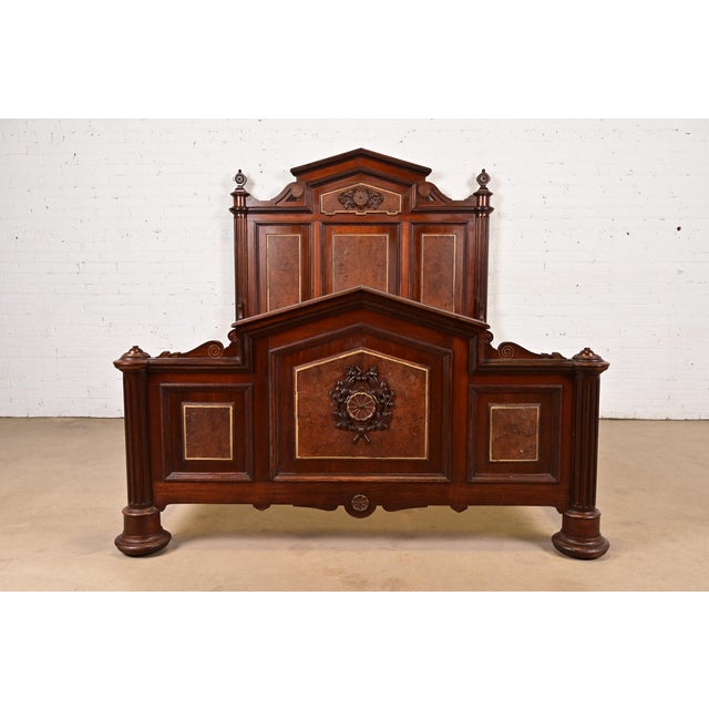 Victorian Herter Brothers Style Antique Victorian Carved Walnut and Burl Wood Full Size Bed, Circa 1880s For Sale - Image 3 of 11