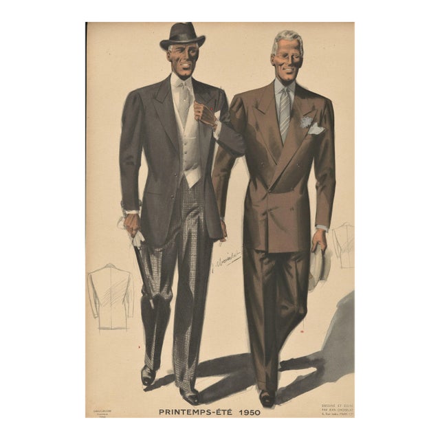1950s Mid-Century French Men's Tailoring Lithograph For Sale