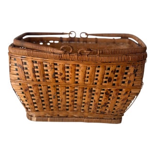 Vintage Handwoven Bamboo Market Basket With Wrapped Handles For Sale