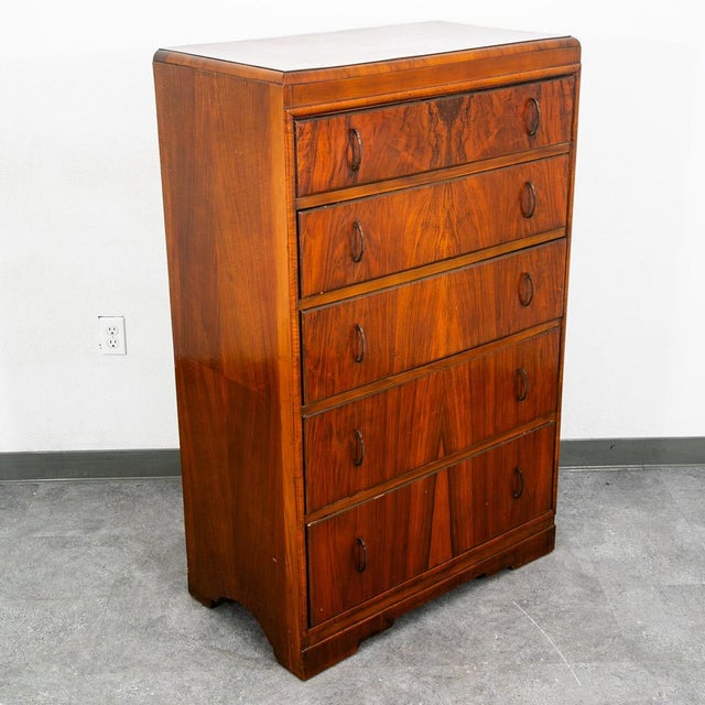 Mid Century Modern Highboy Dresser 5 Drawer Walnut Vintage MCM Metal Burl Wood For Sale - Image 10 of 12
