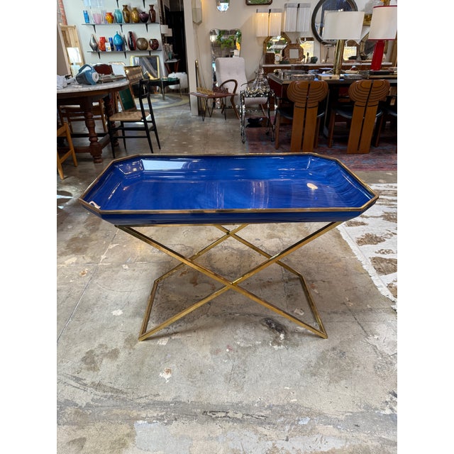 1970s Vintage Folding Tray Table With Blue Enamel Tray and Brass Base, 1970s For Sale - Image 5 of 9