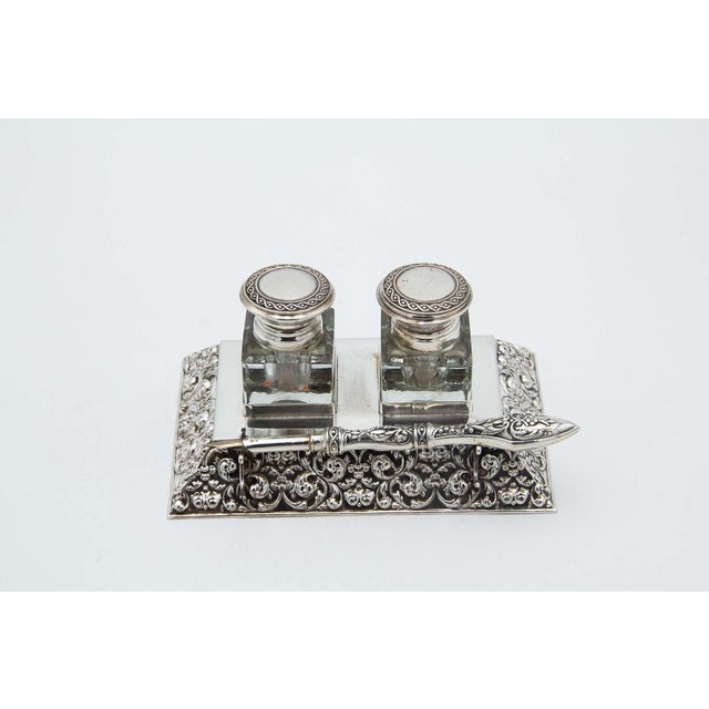 Embossed Silver Inkwell with Fountain Pen For Sale - Image 5 of 5