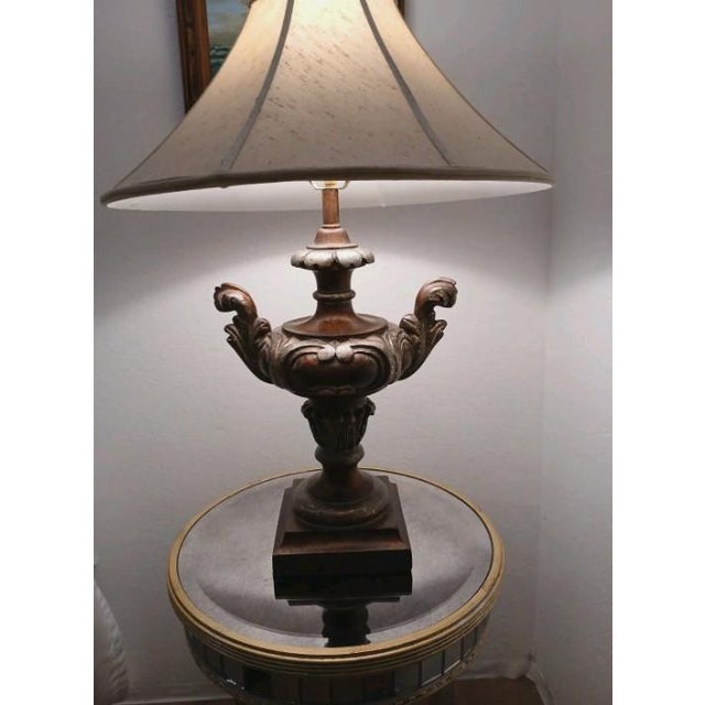 Edwardian Heavily Carved Urn Shaped Table Lamp w Shade Brown Brozed Royal Vintage Antique Renaissance Avant-garde This...