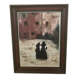 Mid-Century Modern Religious Oil Painting of Nuns Walking by Reba Inverso, Framed