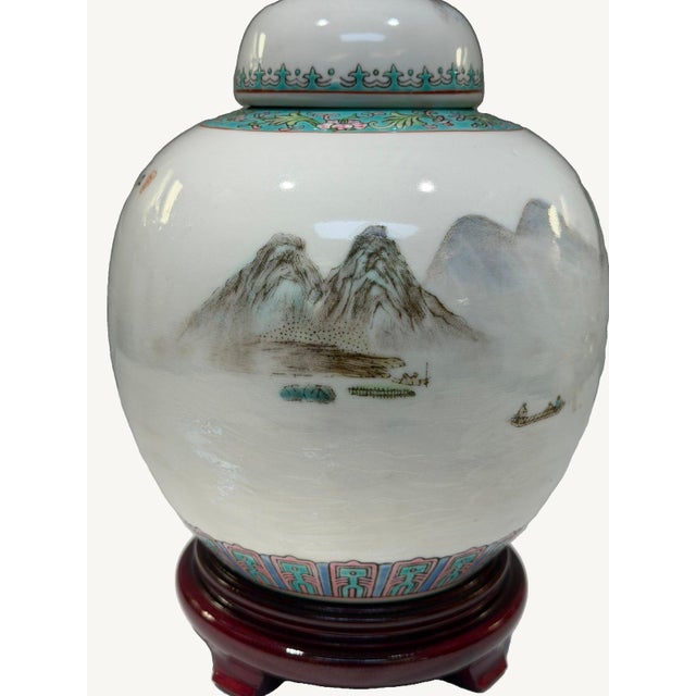 Chinese Vintage Chinese Porcelain Ginger Jar Hand Painted Landscape Calligraphy W/Stand For Sale - Image 3 of 10