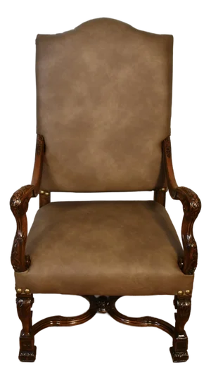 1900 Antique French Carved Walnut Throne Arm Chair / New Leather Upholstery