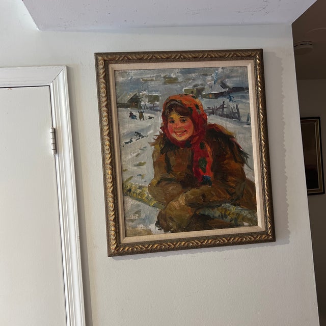 Impressionist 20th Century Oil on Canvas Impressionist Style Titled as Peasant Girl in a Red Shawl by Fedot Vasilievich Sychkov ( 1870-1958) Framed For Sale - Image 3 of 11