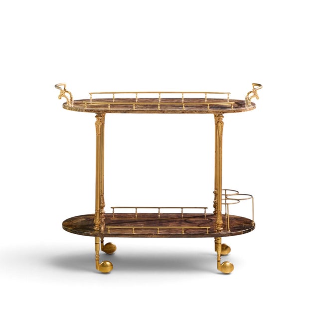 Aldo Tura Mid Century Italian Lacquered Goatskin and Brass Bar Cart This bar cart measures: 34 wide x 15.75 deep x 29.25...