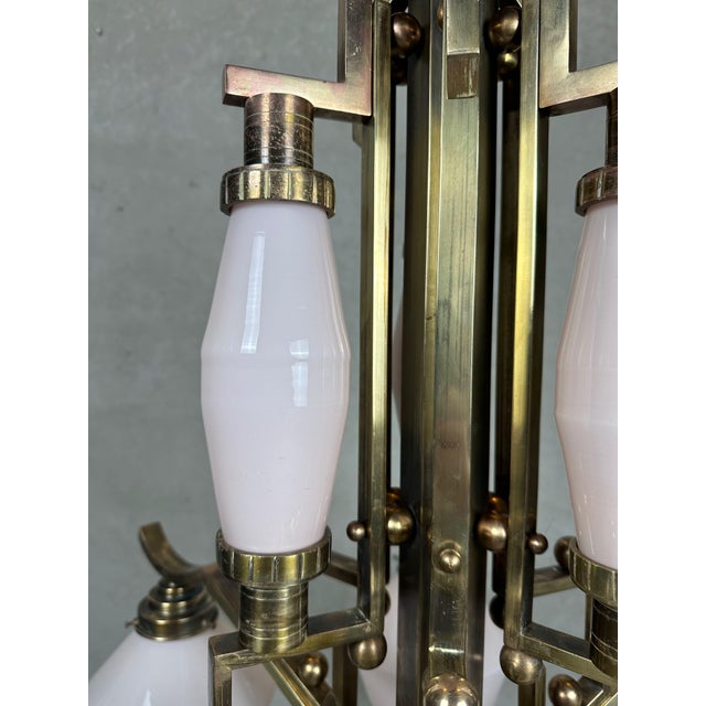 Art Deco Chandelier in Opaline and Brass, 1930s For Sale - Image 13 of 18