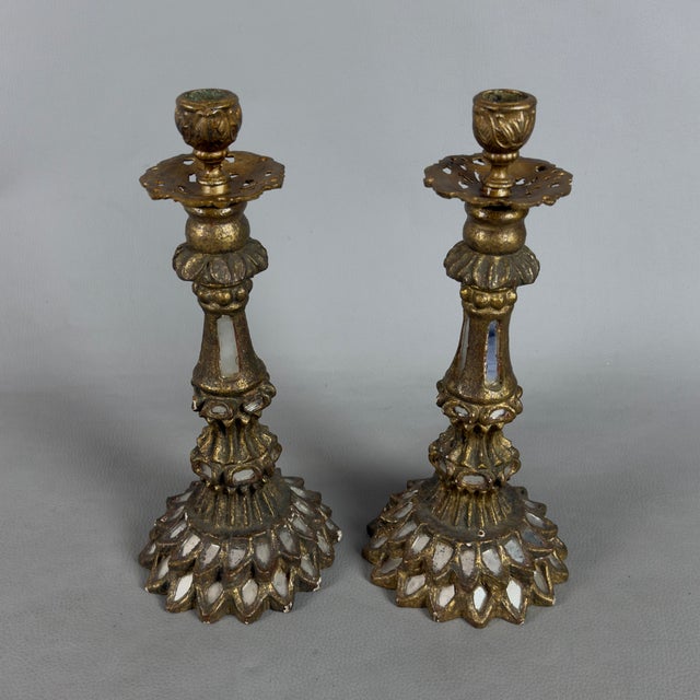 Antique Candlesticks in Gilded Wood, Brass, Mirrored Glass, Set of 2 For Sale - Image 3 of 11
