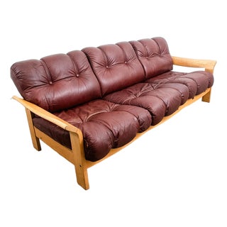 1960s Mid Century Danish Modern Sofa Couch Oxblood Red Leather 3 Seater Oak Tufted For Sale