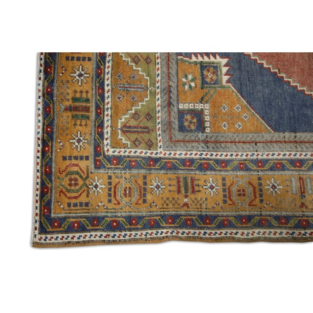 Tribal 1960s Vintage Handmade Orange, Blue, Red Turkish Oushak Rug 4'3" X 7'6" For Sale - Image 3 of 7