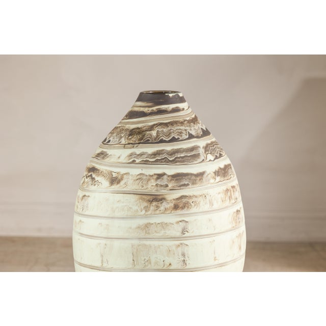 Large Artisan Cream Glazed Ceramic Vase with Brown Striated Bands For Sale - Image 16 of 17