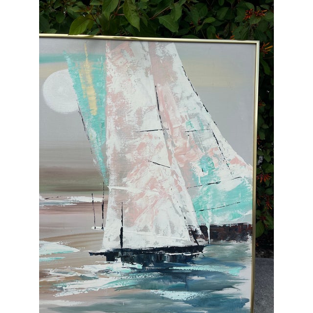 Contemporary Vintage Oversized Contemporary Coastal Sailboat Painting in Brass Frame, Signed For Sale - Image 3 of 12