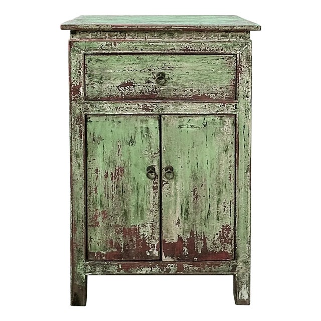 Distressed Pastel Light Green 2 Doors End Table Nightstand For Sale