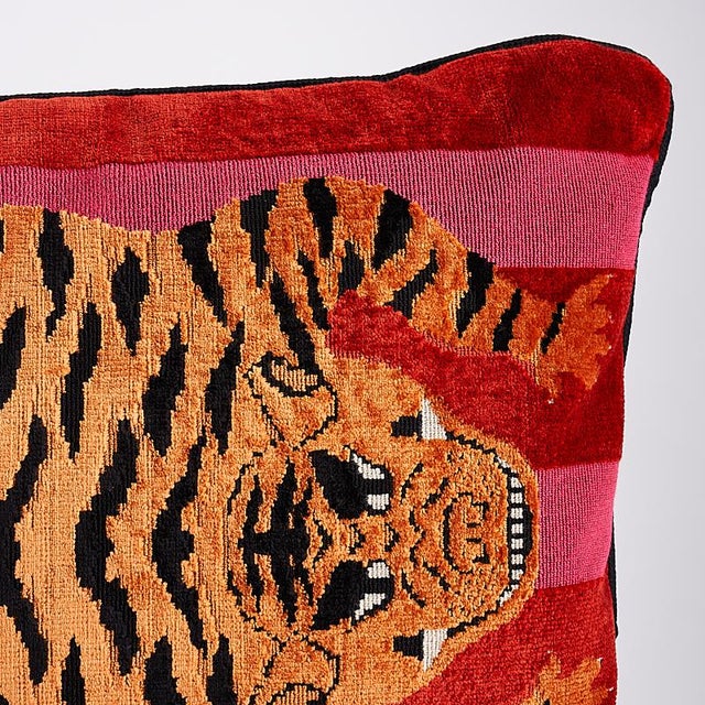 Schumacher Schumacher X Johnson Hartig Jokhang Tiger Velvet 20" Lumbar Pillow in Red & Pink For Sale - Image 4 of 5