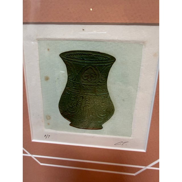 Asian Etchings of Ancient Objects in Geometric Salmon Matte, Set of Three For Sale - Image 3 of 12