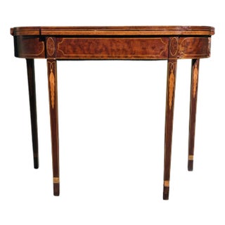 19th Century Federal Style Mahogany & Satinwood Inlaid Card Table – Antique Hepplewhite Flip-Top Game / Demilune Console Table For Sale