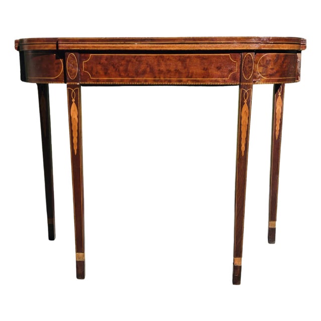 19th Century Federal Style Mahogany & Satinwood Inlaid Card Table – Antique Hepplewhite Flip-Top Game / Demilune Console Table For Sale