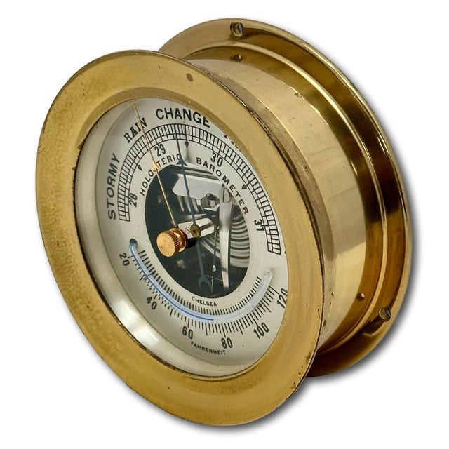 Fine Vintage Mid 20th Century Brass & Mahogany Ships Barometer & Thermometer by Esteemed Boston Maker "Chelsea" For Sale - Image 14 of 18