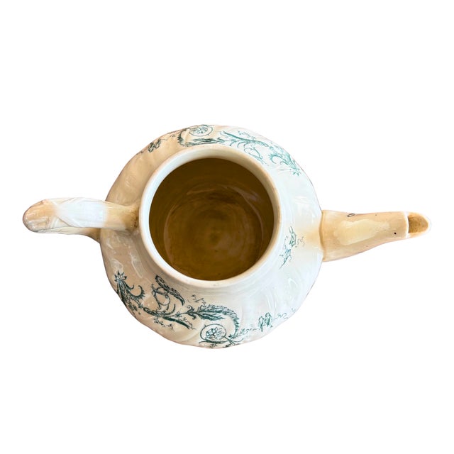 French Antique Terre de Fer Style Blue Faience Teapot with Birds, 1880 For Sale - Image 3 of 7