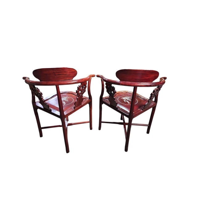 Mid 20th Century Ming Style Chinese Mother of Pearl Inlay Corner Chairs - A Pair For Sale - Image 4 of 7