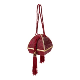 1995 Judith Leiber Fortune Teller Origami Red Crystal Tassel Evening Bag Minaudiere For Sale