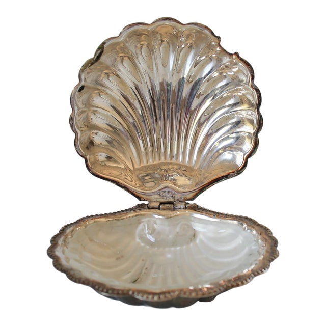 Vintage Silver-Plated Shell Butter Dish & Caviar Server With Frosted Glass Liner For Sale