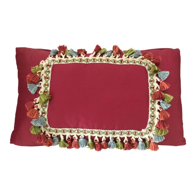 1990s Custom Made Raspberry Silk Fringe Pillow For Sale