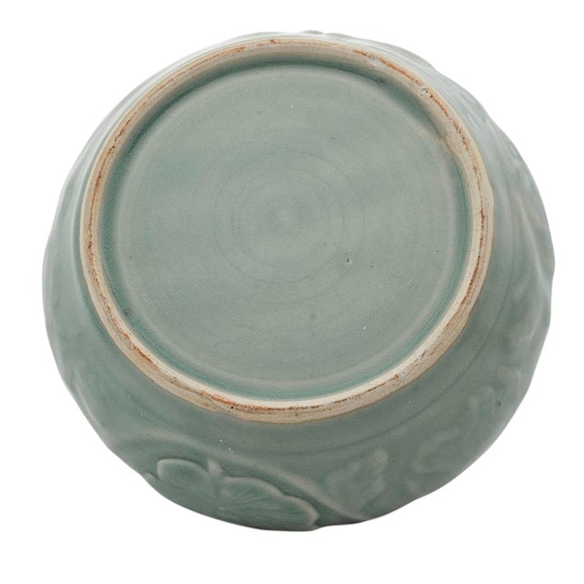 VTG Chinese Longquan Style Celadon Lidded Jar Relief Floral Round Form 8" For Sale In San Francisco - Image 6 of 13