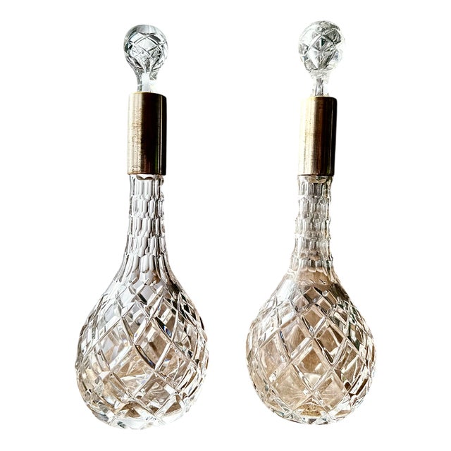 Victorian Cut Crystal Decanters with Brass Collars, 1930s, Set of 2 For Sale