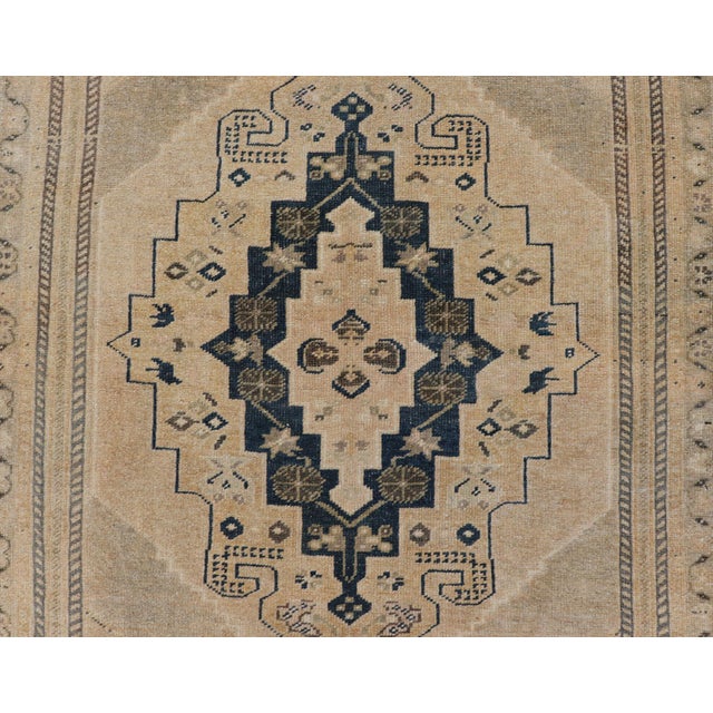 Shabby Chic Vintage Turkish Oushak Rug With Beige and Navy Blue Geometric Medallion For Sale - Image 3 of 10