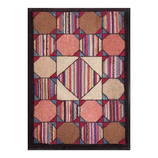 Captivating Geometric Pattern Multicolored Small Scatter Antique American Hooked Rug For Sale