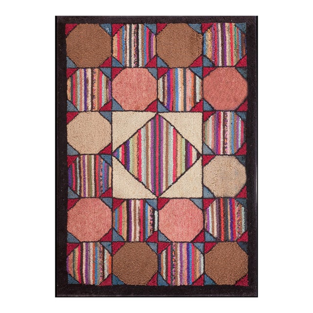 Captivating Geometric Pattern Multicolored Small Scatter Antique American Hooked Rug For Sale