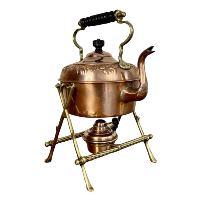Antique Victorian Copper and Brass Spirit Kettle and Stand, 1880 For Sale