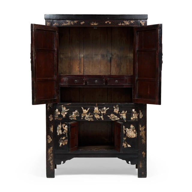 Wood Chinese Painted Black Lacquer Scholars' Cabinet, c. 1800 For Sale - Image 7 of 12