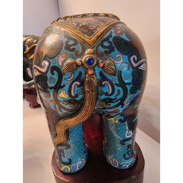 18th Century 18th Century Important Pair Gilt Bronze and Cloisonne Elephant Altar Candle Holders For Sale - Image 5 of 13