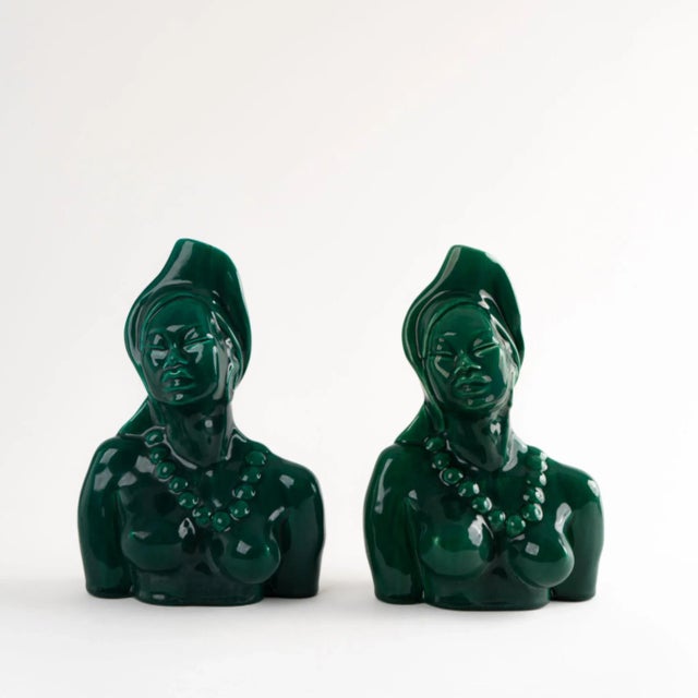 Emerald Green Ceramic Goddess Bust Figures - Pair For Sale In New York - Image 6 of 12