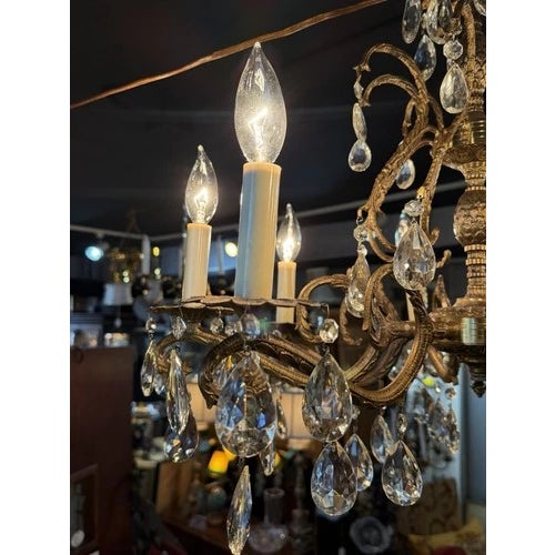 French Vintage Brass & Crystal Eight Light French Style Chandelier Pineapple Motif For Sale - Image 3 of 12
