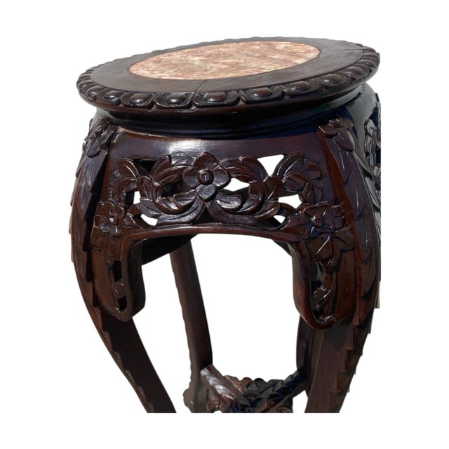 Wood Mid-Century Chinese Carved Rosewood Marble Top Plant Stand Table/ Pedestal For Sale - Image 7 of 11