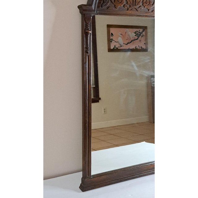 Early 20th Century Antique 1910s Carved Oak Wall Mirror Arched Top Floral Wood Stamped #2375 32x17 For Sale - Image 5 of 12
