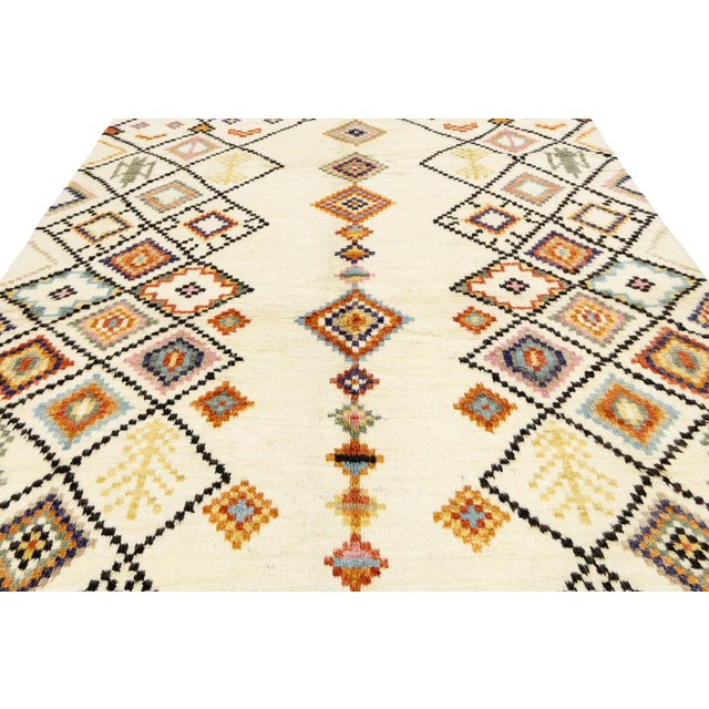 Modern Moroccan Style Hand-Knotted Wool Rug With Colorful Geometric Diamond For Sale - Image 9 of 12
