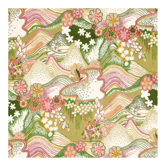 Sample - Schumacher X Clements Ribeiro Daisy Chain Fabric in Green & Pink For Sale