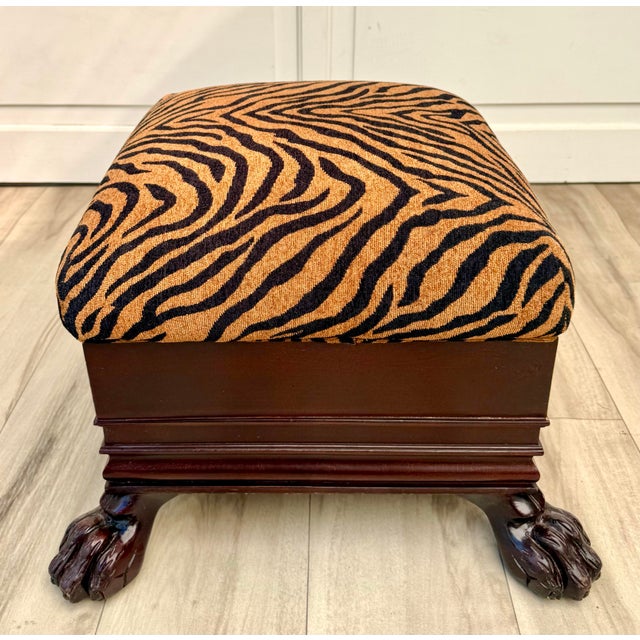 Mid 20th Century Mid-Century Regency Revival Paw Foot Ottoman in Tiger Upholstery For Sale - Image 5 of 11