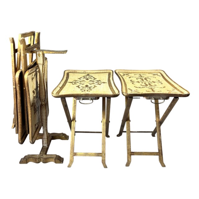 Vintage Italian Florentine Folding Tray Tables With Stand - Set of 4 For Sale