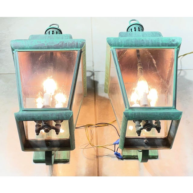 American Pair of Vintage Colonial Solid Brass Wall Lanterns. 20”h X 8”.5w X 12”d For Sale - Image 3 of 18
