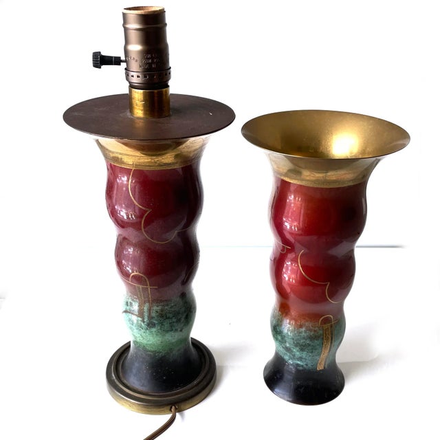 Pair of Art Deco WMF Ikora Vases, 1920s. Brass and enamel paint and gilt. One Modified as a Lamp. I included pictures of...